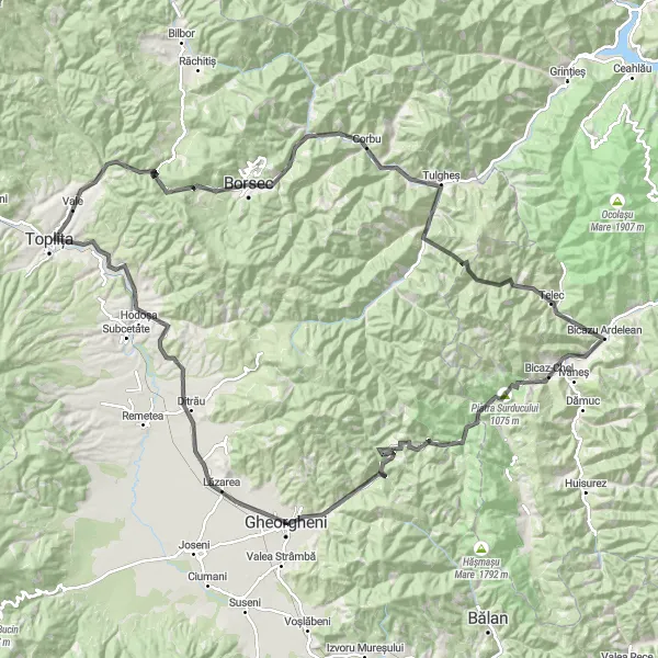 Map miniature of "Gheorgheni - Surduc Loop" cycling inspiration in Centru, Romania. Generated by Tarmacs.app cycling route planner