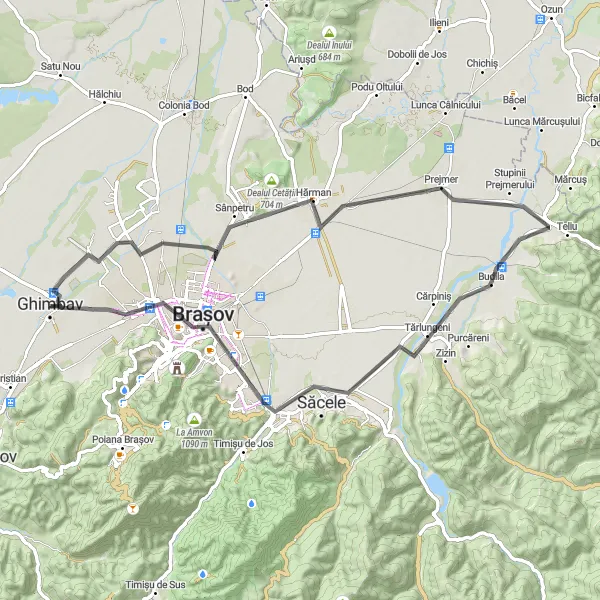 Map miniature of "Sanpetru-Prejmer-Budila-Săcele Loop" cycling inspiration in Centru, Romania. Generated by Tarmacs.app cycling route planner