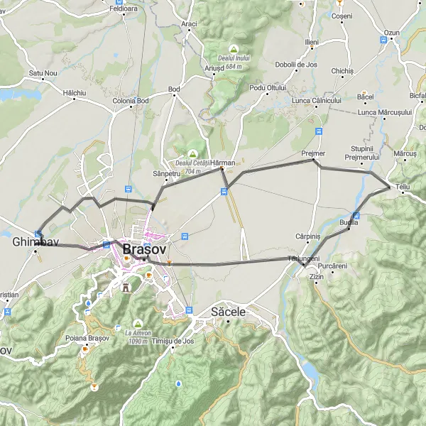 Map miniature of "Sanpetru-Luca-Zizin Loop" cycling inspiration in Centru, Romania. Generated by Tarmacs.app cycling route planner