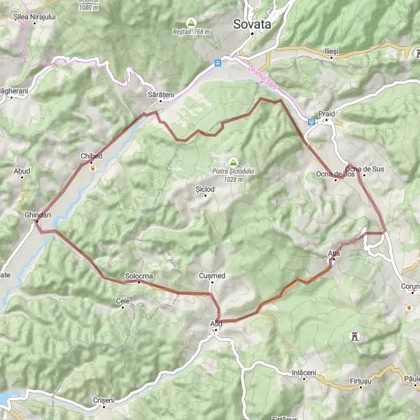 Map miniature of "Exploring Chibed and Ghindari" cycling inspiration in Centru, Romania. Generated by Tarmacs.app cycling route planner