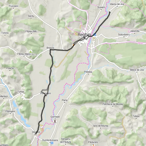 Map miniature of "Glodeni to Castelul Teleki Loop" cycling inspiration in Centru, Romania. Generated by Tarmacs.app cycling route planner