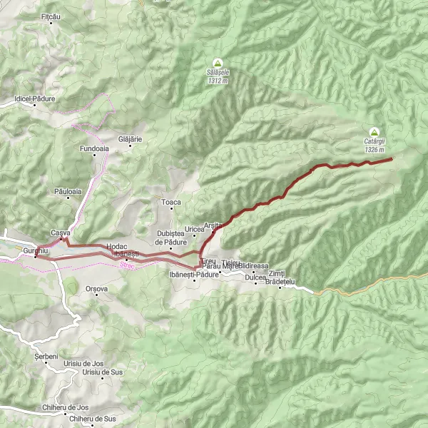 Map miniature of "Ibănești Gravel Adventure - Off the Beaten Path" cycling inspiration in Centru, Romania. Generated by Tarmacs.app cycling route planner