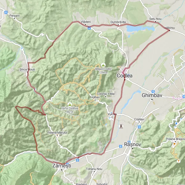 Map miniature of "Gravel Route through Hălchiu and Surrounding Villages" cycling inspiration in Centru, Romania. Generated by Tarmacs.app cycling route planner