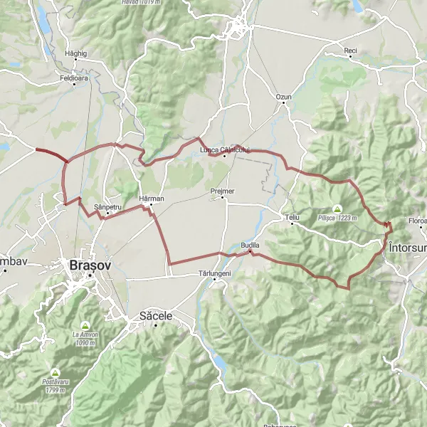 Map miniature of "Budila Gravel Adventure" cycling inspiration in Centru, Romania. Generated by Tarmacs.app cycling route planner