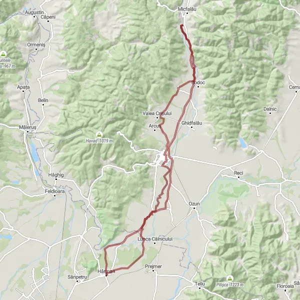 Map miniature of "Hărman - Straja - Coșeni - Calnic - Ilieni - Hărman" cycling inspiration in Centru, Romania. Generated by Tarmacs.app cycling route planner