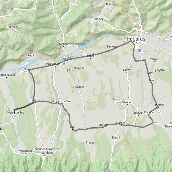 Map miniature of "Road Cycling Route from Hârşeni to Viștea de Sus and Voila" cycling inspiration in Centru, Romania. Generated by Tarmacs.app cycling route planner