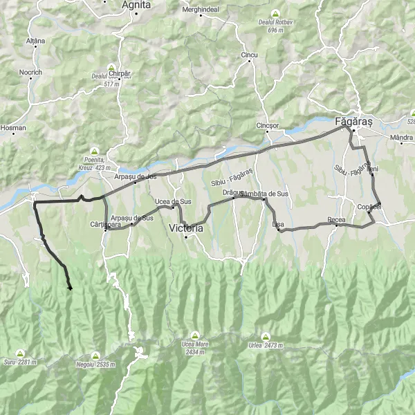 Map miniature of "The Beautiful Passes of Hârşeni" cycling inspiration in Centru, Romania. Generated by Tarmacs.app cycling route planner