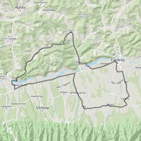 Map miniature of "Scenic Road Cycling Loop from Hârşeni to Sâmbăta de Jos and Beclean" cycling inspiration in Centru, Romania. Generated by Tarmacs.app cycling route planner