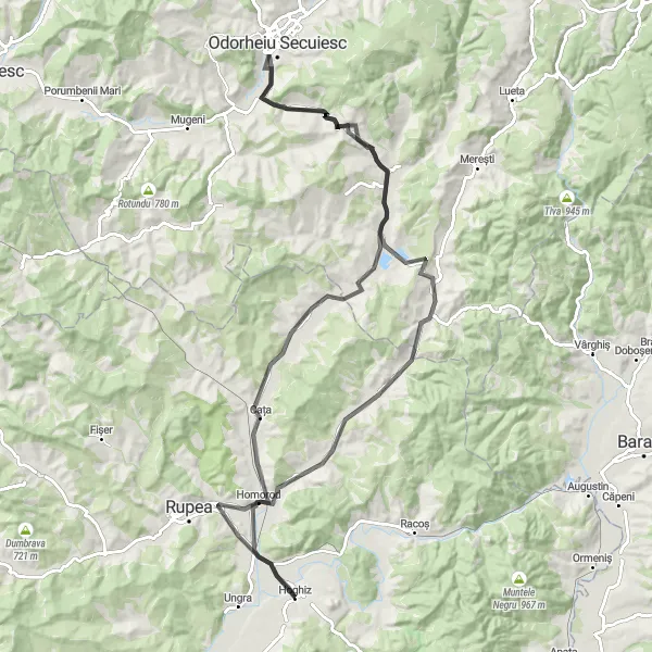 Map miniature of "Centru Loop via Homorod, Jimbor, Odorheiu Secuiesc, Orășeni and Cața" cycling inspiration in Centru, Romania. Generated by Tarmacs.app cycling route planner