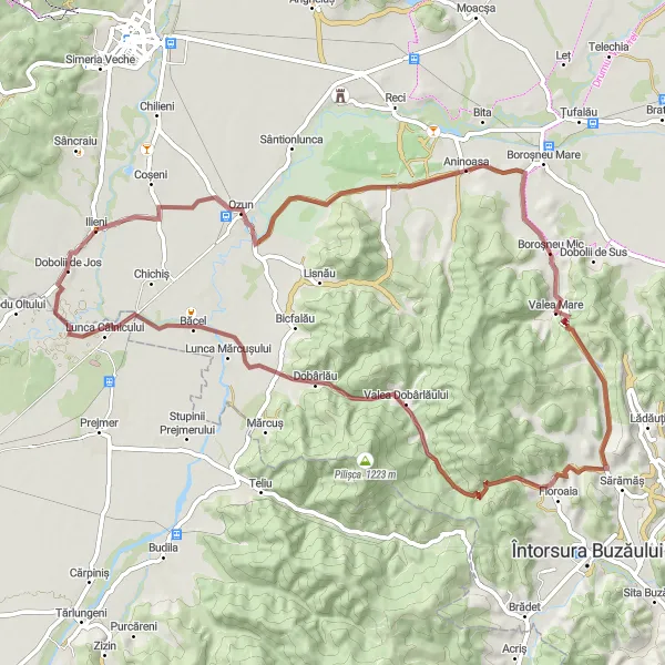 Map miniature of "Ilieni - Dobârlău - Dobolii de Jos Loop" cycling inspiration in Centru, Romania. Generated by Tarmacs.app cycling route planner