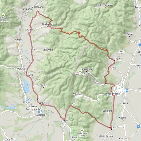 Map miniature of "Ilieni to Bușna Mare Gravel Cycling Route" cycling inspiration in Centru, Romania. Generated by Tarmacs.app cycling route planner