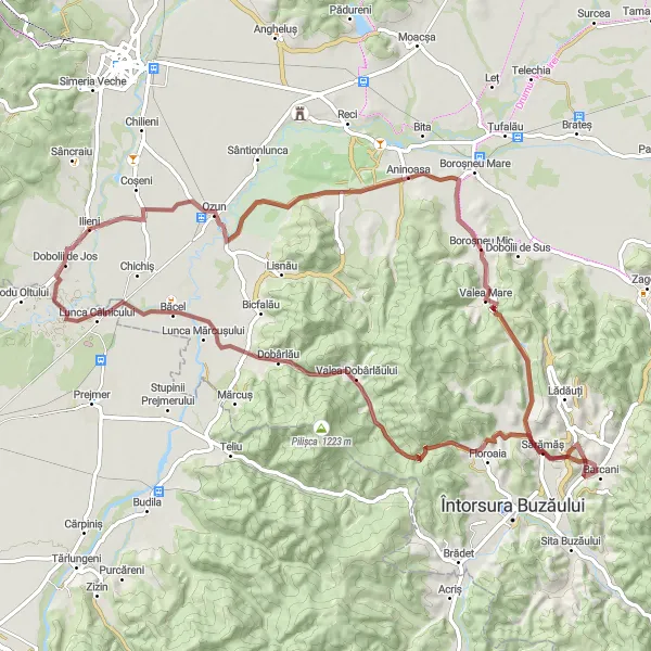 Map miniature of "Ilieni to Dobolii de Jos Gravel Cycling Route" cycling inspiration in Centru, Romania. Generated by Tarmacs.app cycling route planner