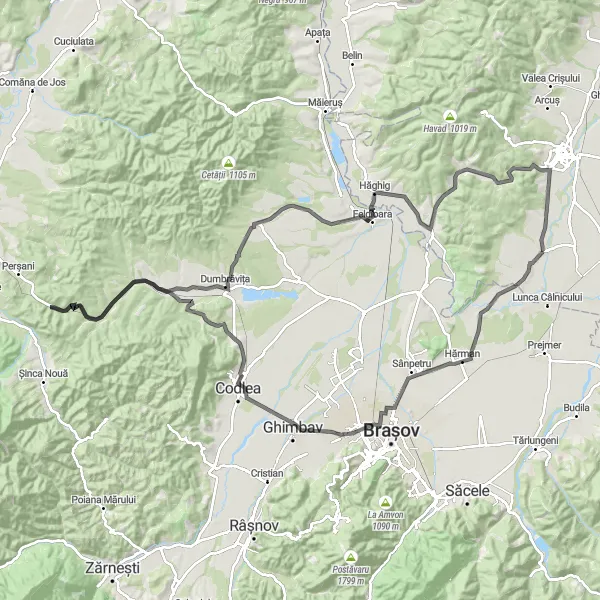 Map miniature of "Hărman - Codlea - Vlădeni - Dumbrăvița - Simeria Veche Loop" cycling inspiration in Centru, Romania. Generated by Tarmacs.app cycling route planner