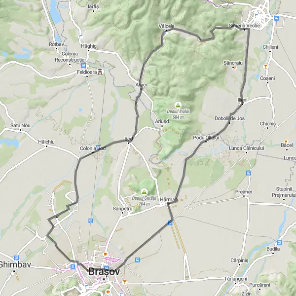 Map miniature of "Hărman to Simeria Veche Road Cycling Route" cycling inspiration in Centru, Romania. Generated by Tarmacs.app cycling route planner