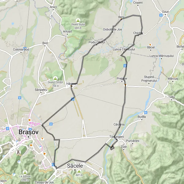 Map miniature of "Ilieni to Dobolii de Jos Road Cycling Route" cycling inspiration in Centru, Romania. Generated by Tarmacs.app cycling route planner