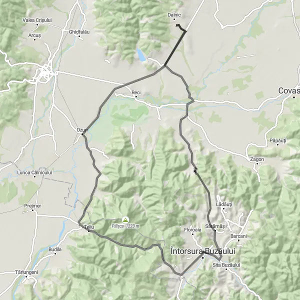 Map miniature of "The Buzău Loop" cycling inspiration in Centru, Romania. Generated by Tarmacs.app cycling route planner