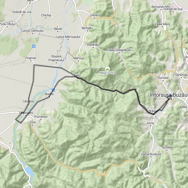 Map miniature of "The Teliu Loop" cycling inspiration in Centru, Romania. Generated by Tarmacs.app cycling route planner