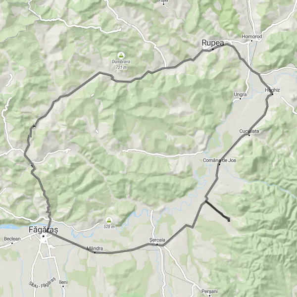 Map miniature of "Hoghiz and Mândra Loop" cycling inspiration in Centru, Romania. Generated by Tarmacs.app cycling route planner