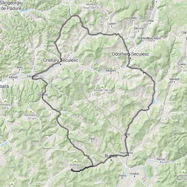 Map miniature of "Viscri and Goagiu Circuit" cycling inspiration in Centru, Romania. Generated by Tarmacs.app cycling route planner