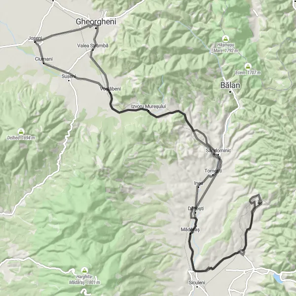 Map miniature of "Mihăileni Road Loop" cycling inspiration in Centru, Romania. Generated by Tarmacs.app cycling route planner