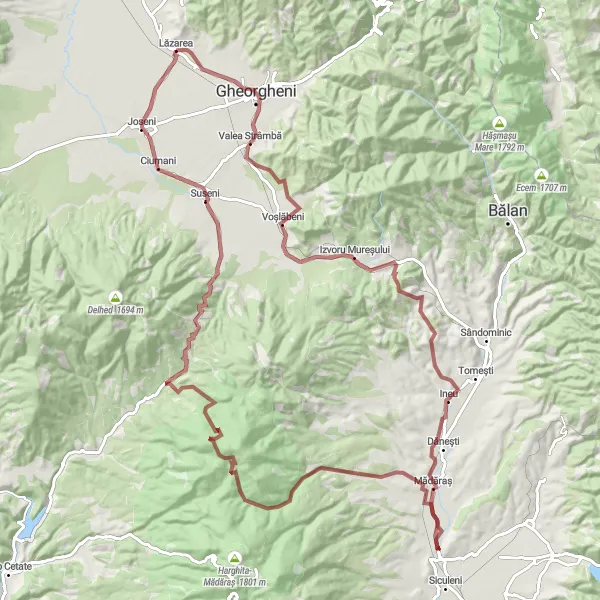 Map miniature of "Scenic Gravel Ride around Lăzarea" cycling inspiration in Centru, Romania. Generated by Tarmacs.app cycling route planner