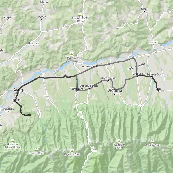 Map miniature of "Drăguș Loop" cycling inspiration in Centru, Romania. Generated by Tarmacs.app cycling route planner