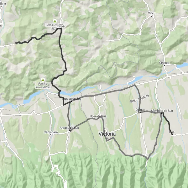 Map miniature of "Transylvanian Tour" cycling inspiration in Centru, Romania. Generated by Tarmacs.app cycling route planner