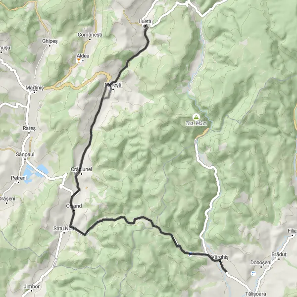 Map miniature of "Lueta-Ocland-Vârghiș-Crăciunel Loop" cycling inspiration in Centru, Romania. Generated by Tarmacs.app cycling route planner