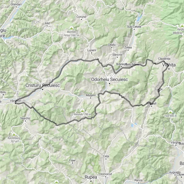 Map miniature of "Mărtiniș-Nicolești-Archita-Bodogaia-Cădaciu Mic-Morăreni-Satu Mare Loop" cycling inspiration in Centru, Romania. Generated by Tarmacs.app cycling route planner