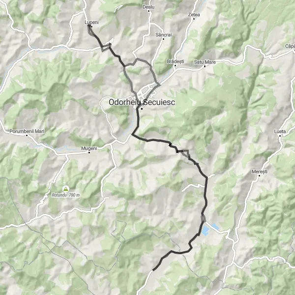 Map miniature of "Lupeni Malpeto Loop" cycling inspiration in Centru, Romania. Generated by Tarmacs.app cycling route planner