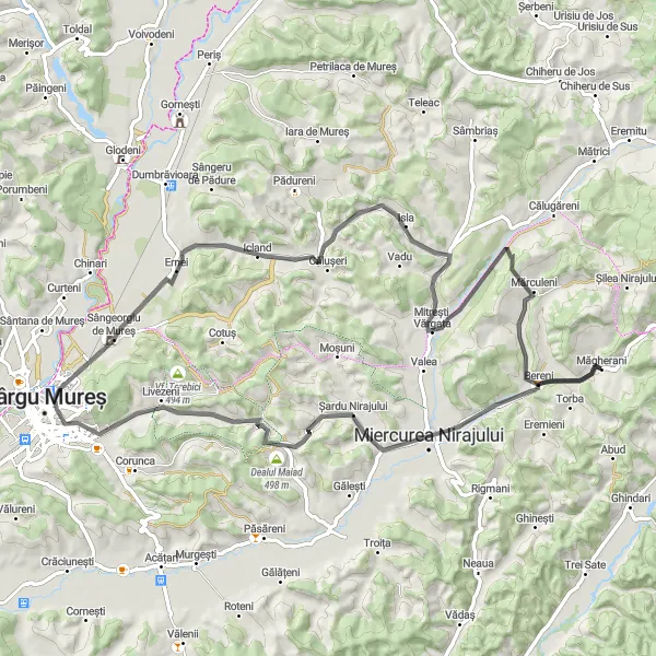 Map miniature of "Miercurea Nirajului to Bereni Road Route" cycling inspiration in Centru, Romania. Generated by Tarmacs.app cycling route planner