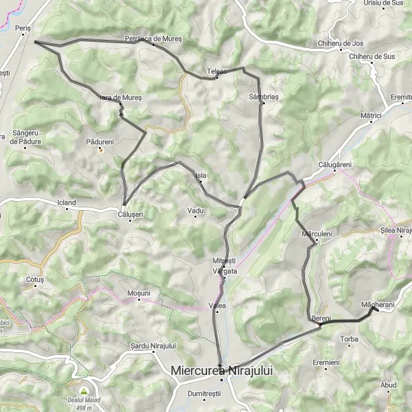 Map miniature of "Miercurea Nirajului and Petrilaca de Mureș Road Route" cycling inspiration in Centru, Romania. Generated by Tarmacs.app cycling route planner