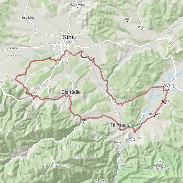 Map miniature of "The Countryside Escape" cycling inspiration in Centru, Romania. Generated by Tarmacs.app cycling route planner