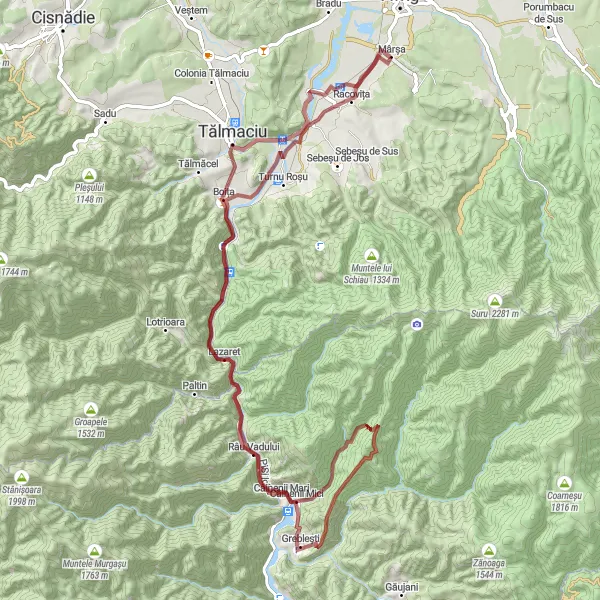 Map miniature of "The Gravel Adventure" cycling inspiration in Centru, Romania. Generated by Tarmacs.app cycling route planner