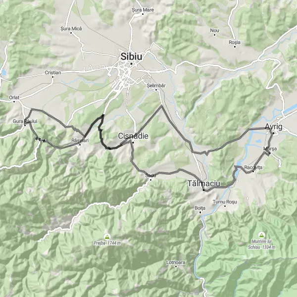 Map miniature of "The Grand Hundred: Tălmaciu Circuit via Cisnădioara and Rășinari" cycling inspiration in Centru, Romania. Generated by Tarmacs.app cycling route planner