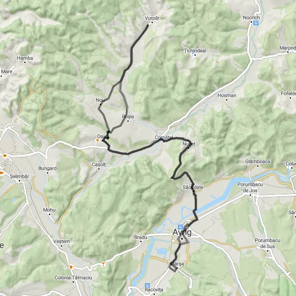 Map miniature of "Mârșa Loop via Nucet, Daia, Nou, and Săcădate" cycling inspiration in Centru, Romania. Generated by Tarmacs.app cycling route planner