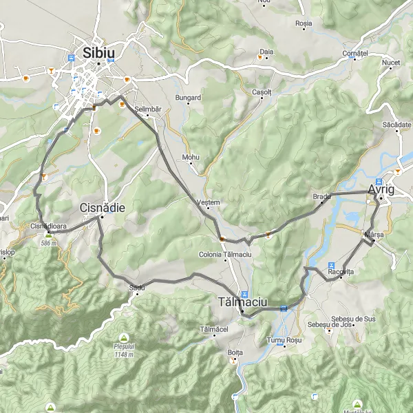 Map miniature of "Tălmaciu and Veștem Cycling Loop" cycling inspiration in Centru, Romania. Generated by Tarmacs.app cycling route planner