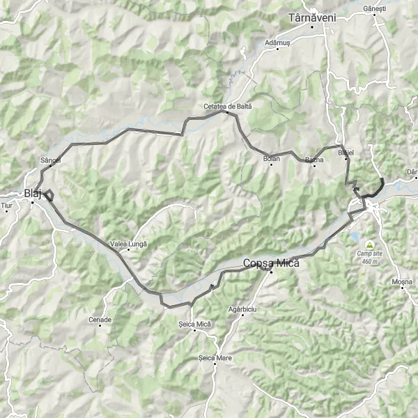 Map miniature of "Mediaş to Blăjel Loop" cycling inspiration in Centru, Romania. Generated by Tarmacs.app cycling route planner