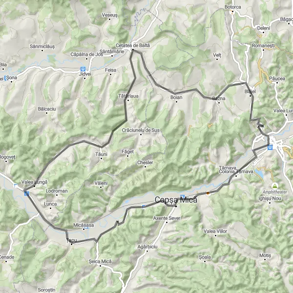 Map miniature of "Scenic Road Ride through Copșa Mică, Țapu, and Valea Lungă" cycling inspiration in Centru, Romania. Generated by Tarmacs.app cycling route planner