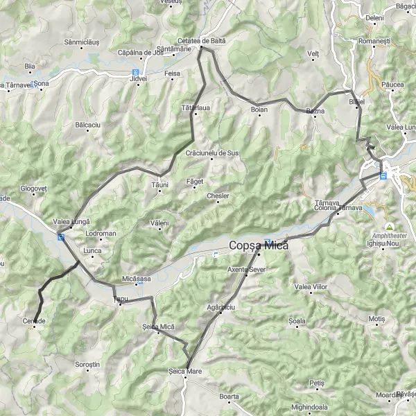 Map miniature of "Mediaş to Buglers' Tower" cycling inspiration in Centru, Romania. Generated by Tarmacs.app cycling route planner