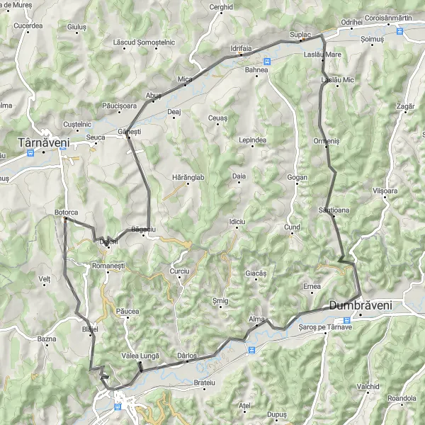 Map miniature of "Challenging Road Loop including Căpâlna de Sus, Laslău Mare, and Sântioana" cycling inspiration in Centru, Romania. Generated by Tarmacs.app cycling route planner