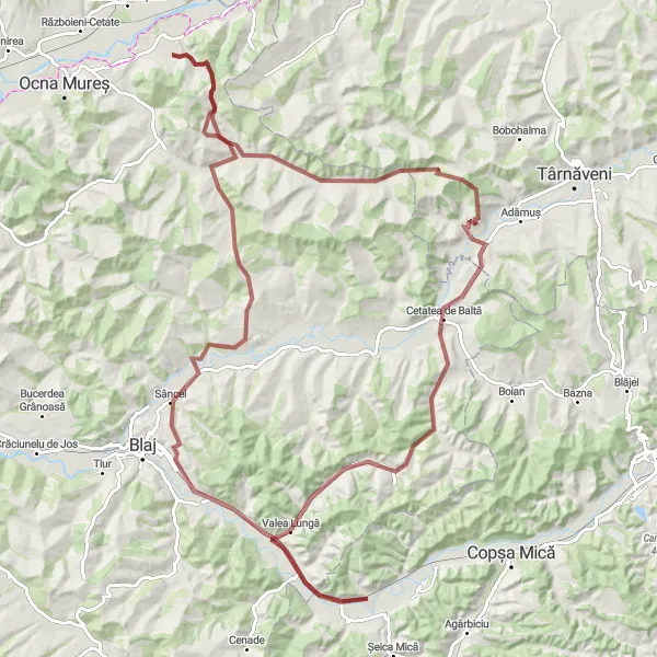 Map miniature of "Gravel Adventure to Crăiești" cycling inspiration in Centru, Romania. Generated by Tarmacs.app cycling route planner