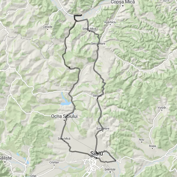 Map miniature of "Micăsasa Loop via Šeica Mică" cycling inspiration in Centru, Romania. Generated by Tarmacs.app cycling route planner