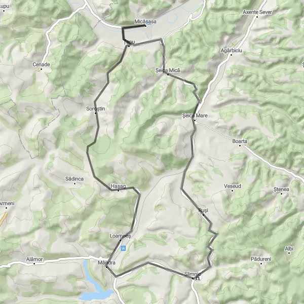 Map miniature of "Scenic Delights of Șeica Mare" cycling inspiration in Centru, Romania. Generated by Tarmacs.app cycling route planner