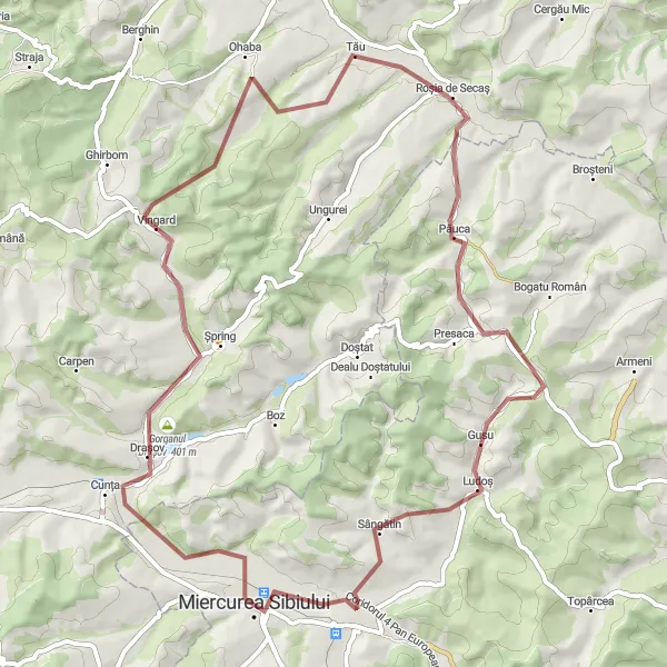 Map miniature of "Hidden Gems of Miercurea Sibiului" cycling inspiration in Centru, Romania. Generated by Tarmacs.app cycling route planner