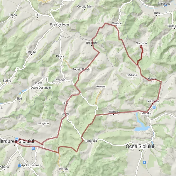 Map miniature of "Gravel Escape" cycling inspiration in Centru, Romania. Generated by Tarmacs.app cycling route planner