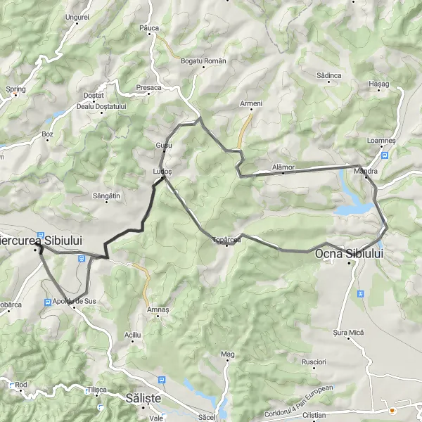 Map miniature of "Sibiului-D" cycling inspiration in Centru, Romania. Generated by Tarmacs.app cycling route planner