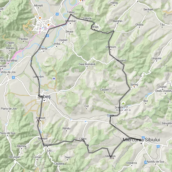 Map miniature of "The Loop of Miercurea Sibiului" cycling inspiration in Centru, Romania. Generated by Tarmacs.app cycling route planner