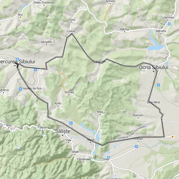 Map miniature of "Sibiului-M" cycling inspiration in Centru, Romania. Generated by Tarmacs.app cycling route planner