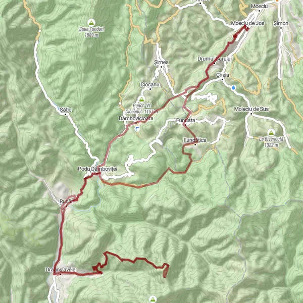 Map miniature of "Moeciu de Jos - Dâmbovicioara Gravel Adventure" cycling inspiration in Centru, Romania. Generated by Tarmacs.app cycling route planner